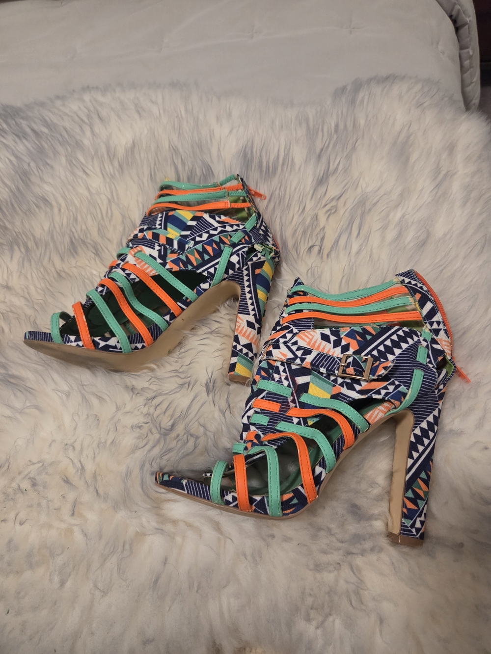 Neon Multi-Color Strappy High Heel Sandals